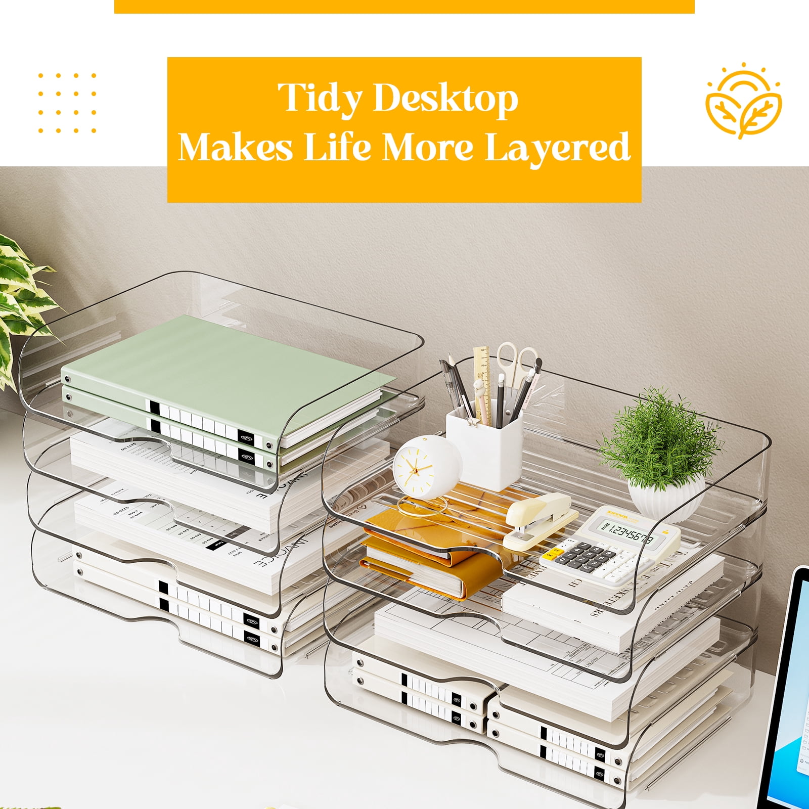 HIYOHIYO 4-Compartment Desktop Storage Organizer, Clear, 4 Count