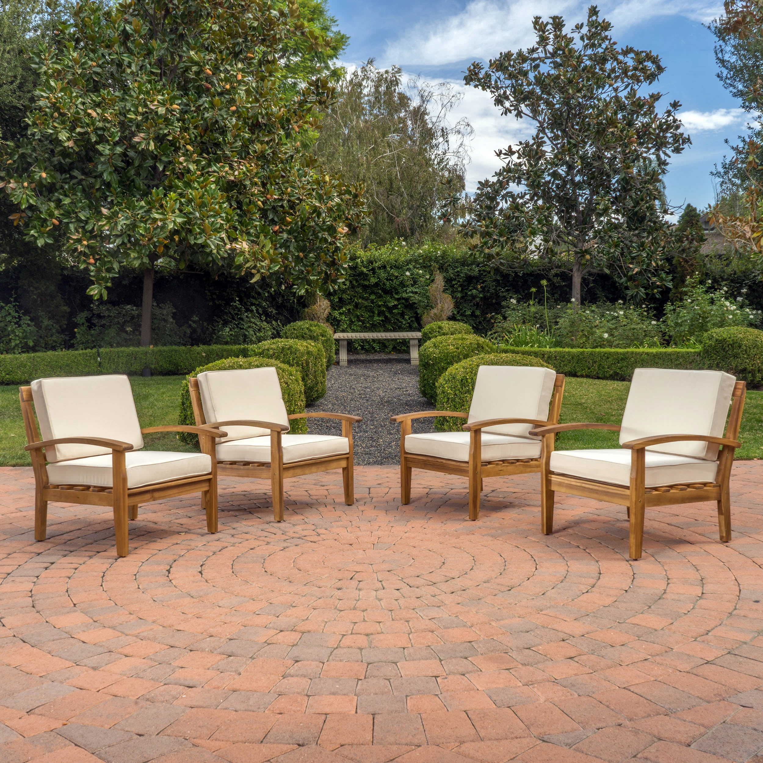 Noble House Aletta Outdoor Teak Finish Wooden Club Chairs with Cushions, Beige Set of 4