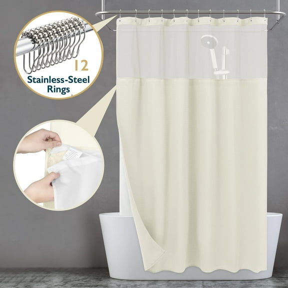 Zrodlmo Fabric Shower Curtain with Hook Liner, Waffle Waterproof and Mildew Resistant Hotel Grade Bathroom Curtain, 72" x 72", Beige