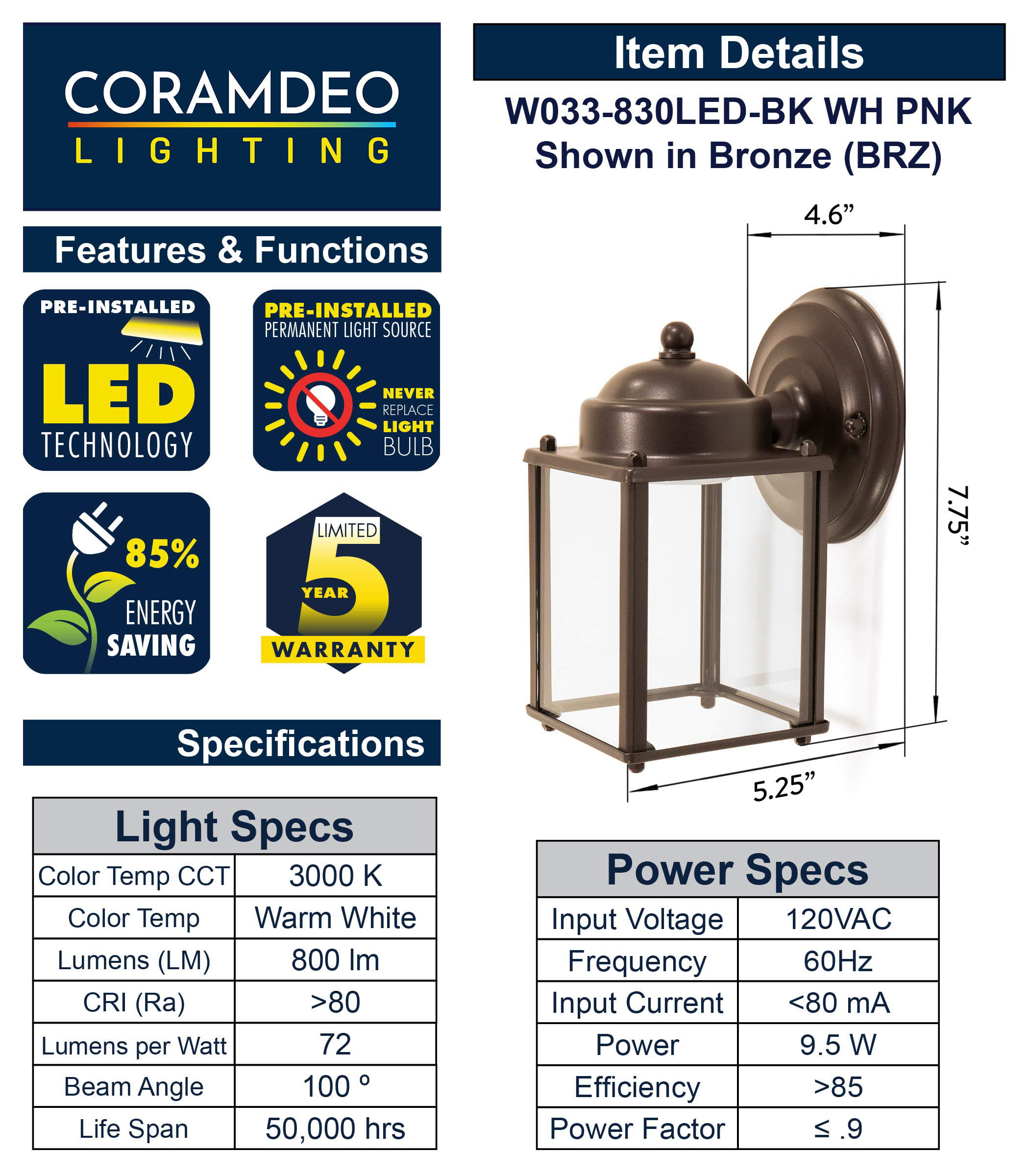 CORAMDEO Outdoor LED Square Coach Light for Porch, Patio, Deck, Barn, Wet  Location, Built in LED gives 75W of light from 9.5W of power, 800 Lumens,  3K, Bronze Finish  Clear Glass