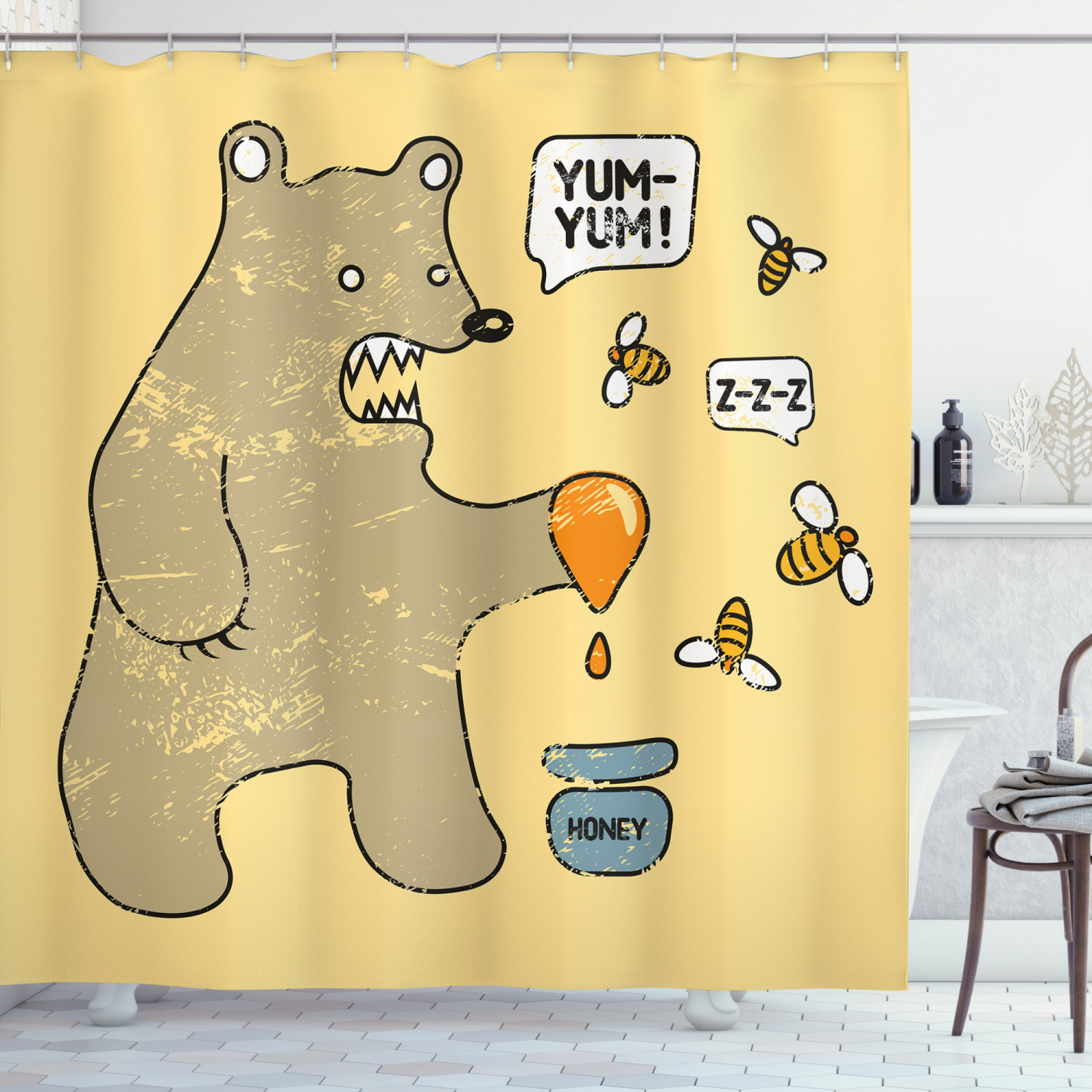 Cartoon Shower Curtain, Cute Caricature Style Bear with Bees and Honey