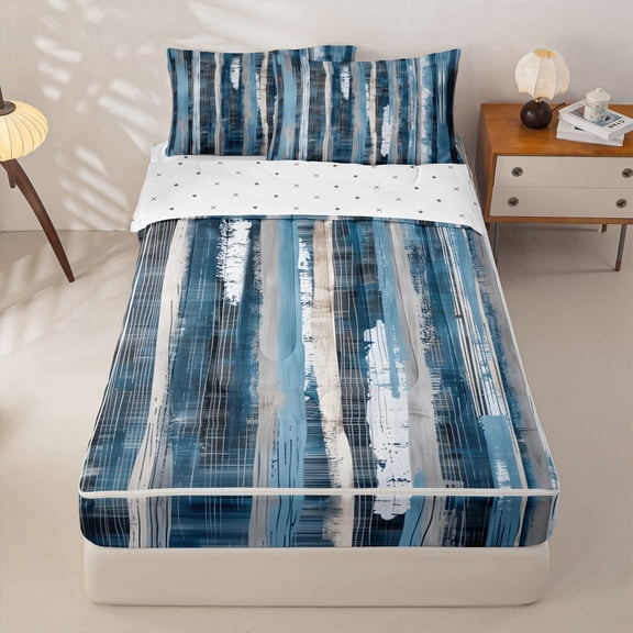 Homewish Blue Zipper Twin Comforter Sets with Fitted Sheet and 2 Pillowcases,Abstract Geometric Zipper Bedding Set,Reversible,4pcs