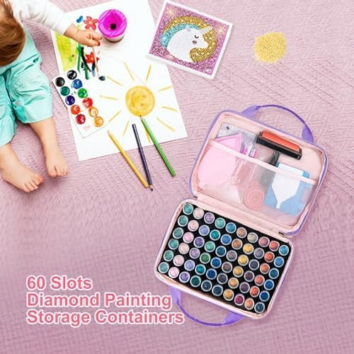Diamond Painting Storage Containers, 60 Slots Bead Storage Box for Diamond Art Kits Accessories Organizer Case (Only Bottles and Bag) (Purple-2(60 Jars))