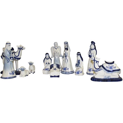 Kurt Adler 1.976.7" Porcelain Delft Blue Nativity Set, 11Piece Set