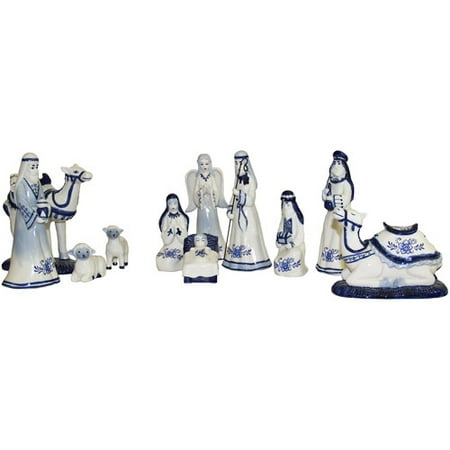 Kurt Adler 1.97-6.7" Porcelain Delft Blue Nativity Set, 11-Piece Set