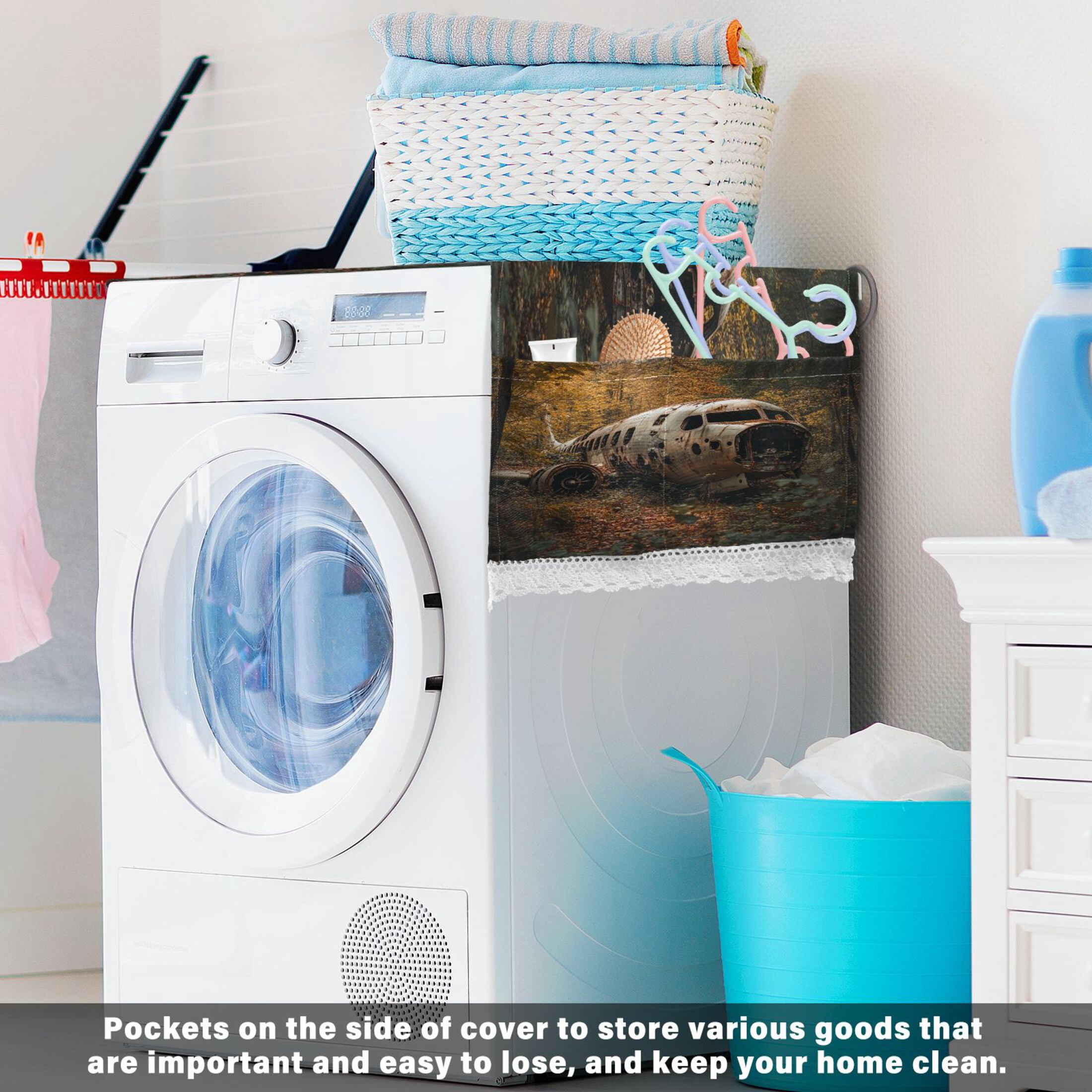 Abandoned AirplaneWasher and Dryer Covers Dust-Proof and Oil Resistant Fridge Cover with 4 Storage Pockets Washing Machine Top Cover for Laundry Kitchen Home 51.2 x 22 In