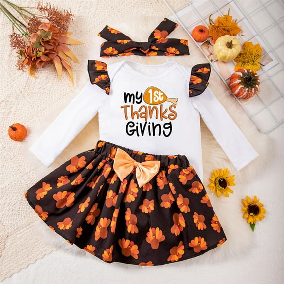 Toddler Baby Girls Halloween Outfit Cartoon Printed Long Sleeve Fly Sleeve Romper Short Dress Hairband Clothes Set