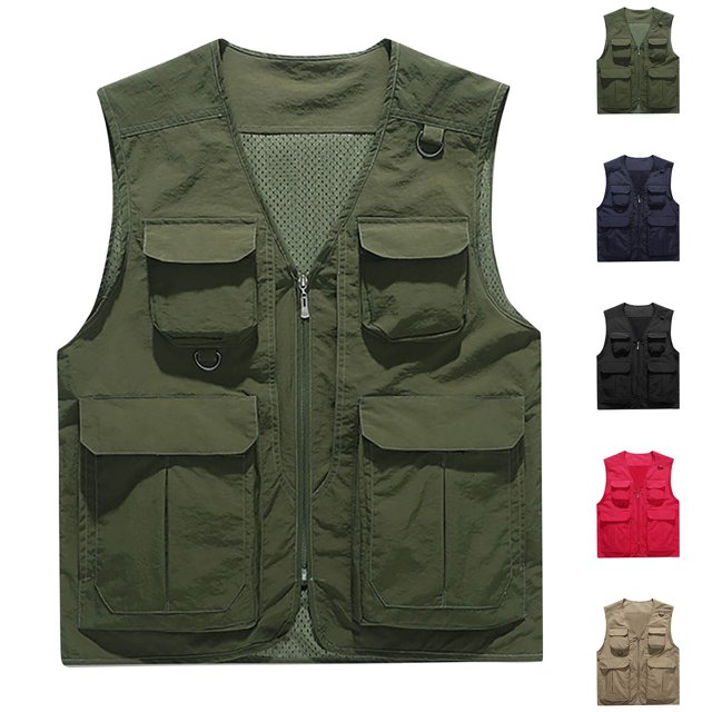 Fengqque Vestes de Travail pour Hommes Col Montant Multi-Poches Veste de Sport Photographie Extérieure Fermeture Éclair Rouge 8(TG)