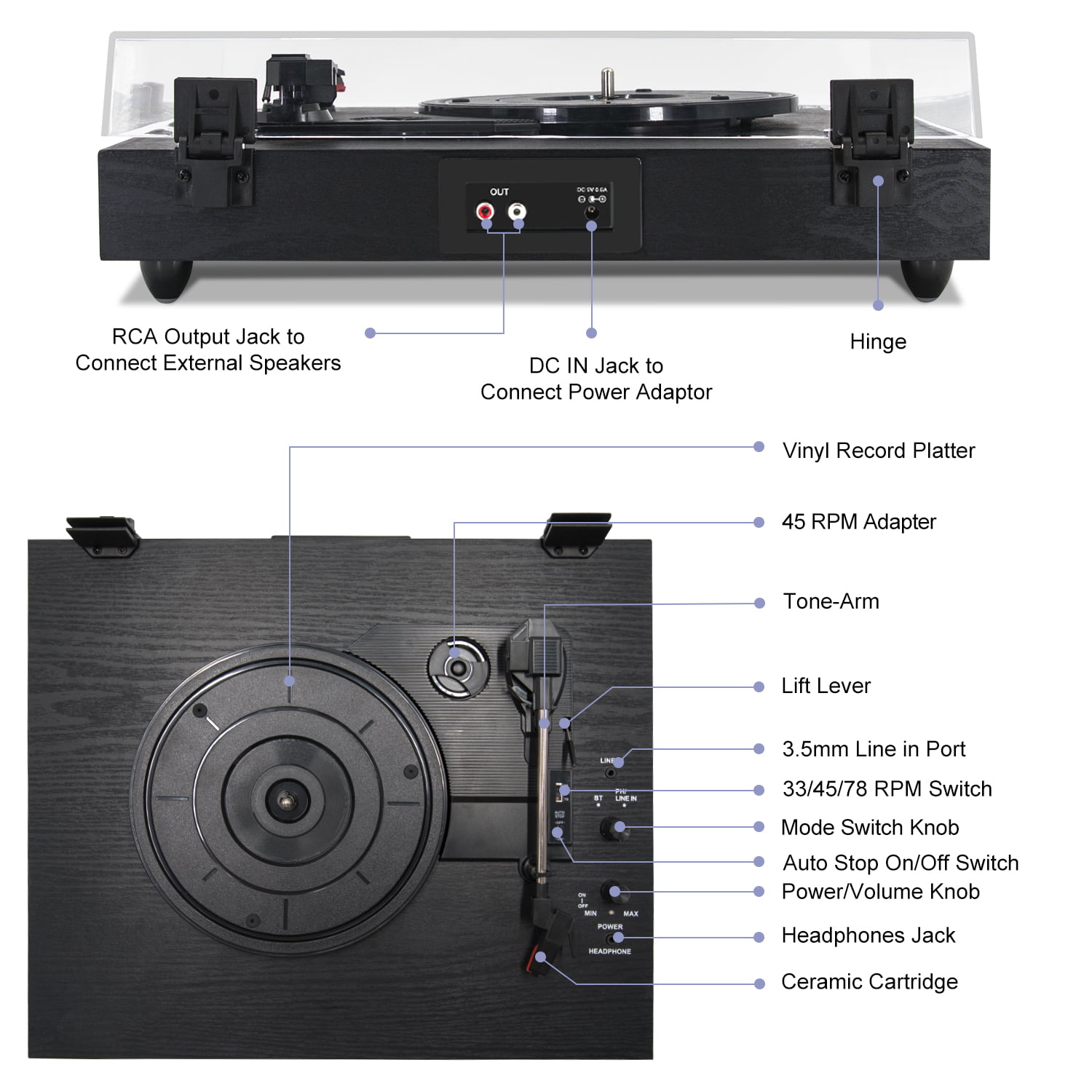 TT-Classic Light Record Player, Smooth-running belt drive, Bluetooth, 3  speeds: 33 / 45 / 78 rpm, Integrated stereo speakers, AUX input, RCA  line out, Dust cover, LED illumination