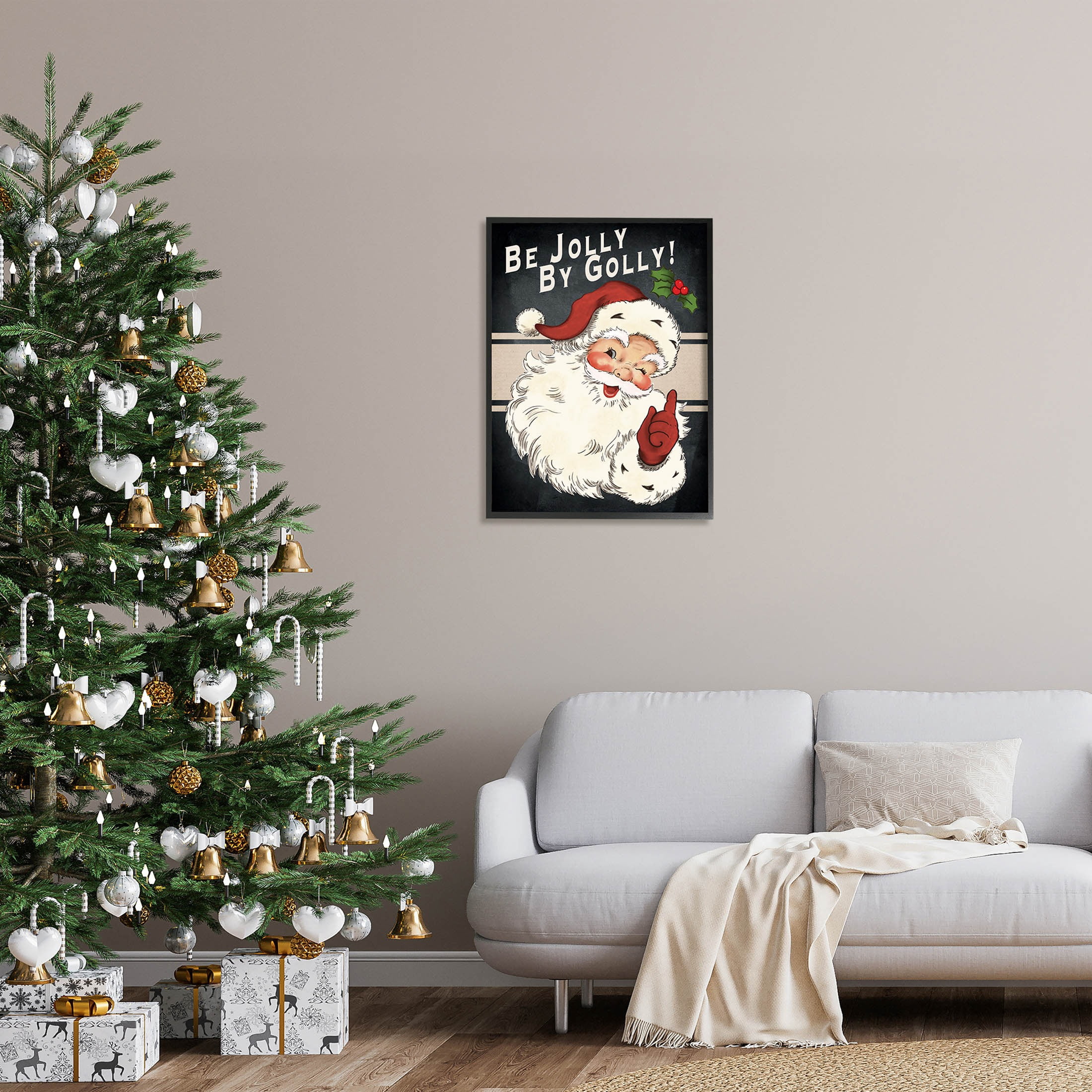 Be Jolly By Golly Vintage Christmas Santa Holiday Graphic Art Black Framed Art Print Wall Art