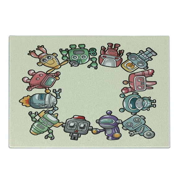 Party Cutting Board, Friendly Robot Characters Circle Futuristic Sci Fi Machines Toys, Decorative Tempered Glass Cutting and Serving Board, Small Size, Multicolor, by Ambesonne