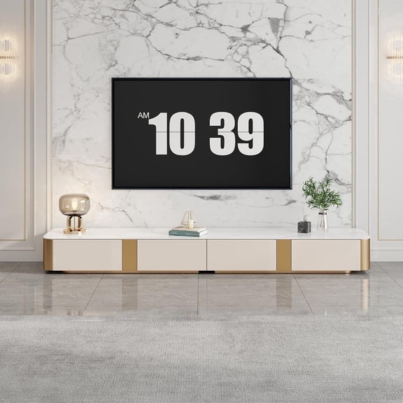 FHKJ HOME 94.5" Modern TV Stand for 75  Inch TVs, Sintered Stone Top Media Console with 4 Drawers, White & Gold