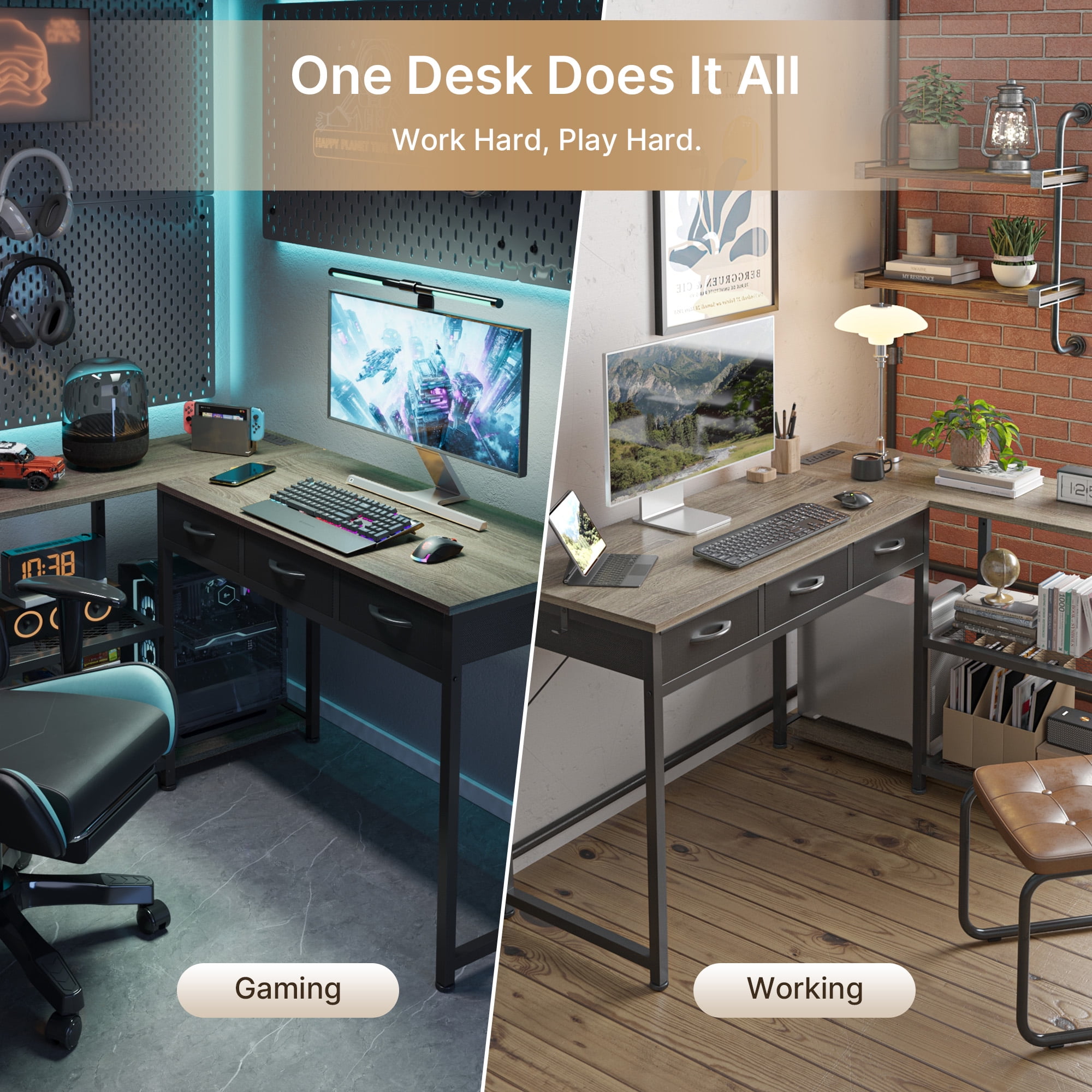 Asofer 53" L Shape Computer Desk, Gaming Desk for Home Office, Christmas Gift with 3 Drawers, Open Shelves & Integrated Power Outlet, Gray