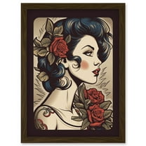 Pin Up Girl Tattoo Ink Body Art Floral Retro Rockabilly Americana 50s Artwork Framed Wall Art Print A4