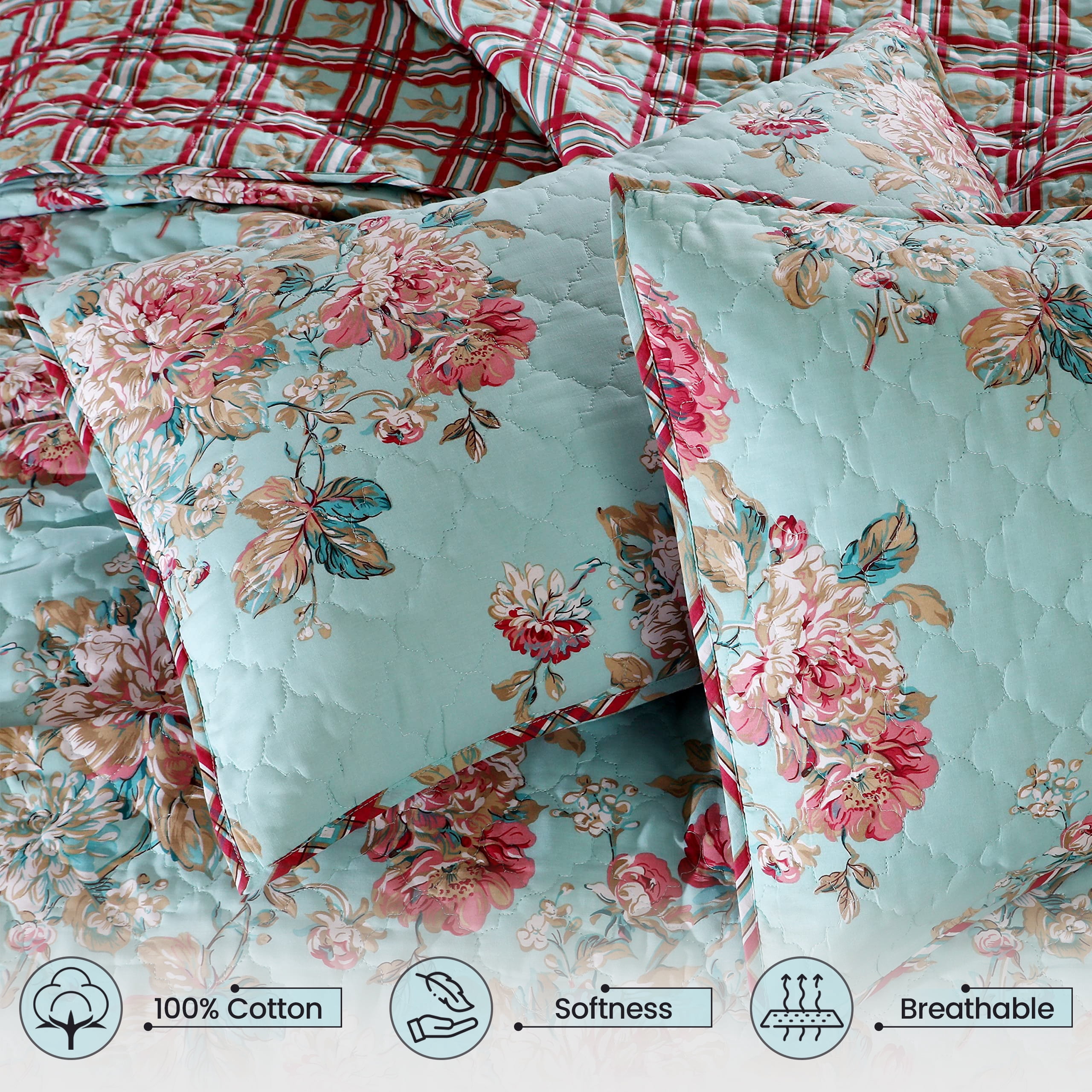 RUVANTI 100% Cotton 3 Pcs Quilt Set Queen/Full Bedspreads, Lightweight Coverlet, Soft, Warm Comforter. All Season Quilts Queen Size Set Include Quilt & 2 Pillowcovers, Reversible Floral Bunch Design