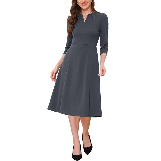 Vestido de trabajo para mujeres INSPIRE CHIC, corte A, mangas 3/4, vestido midi elegante, gris oscuro, talla S