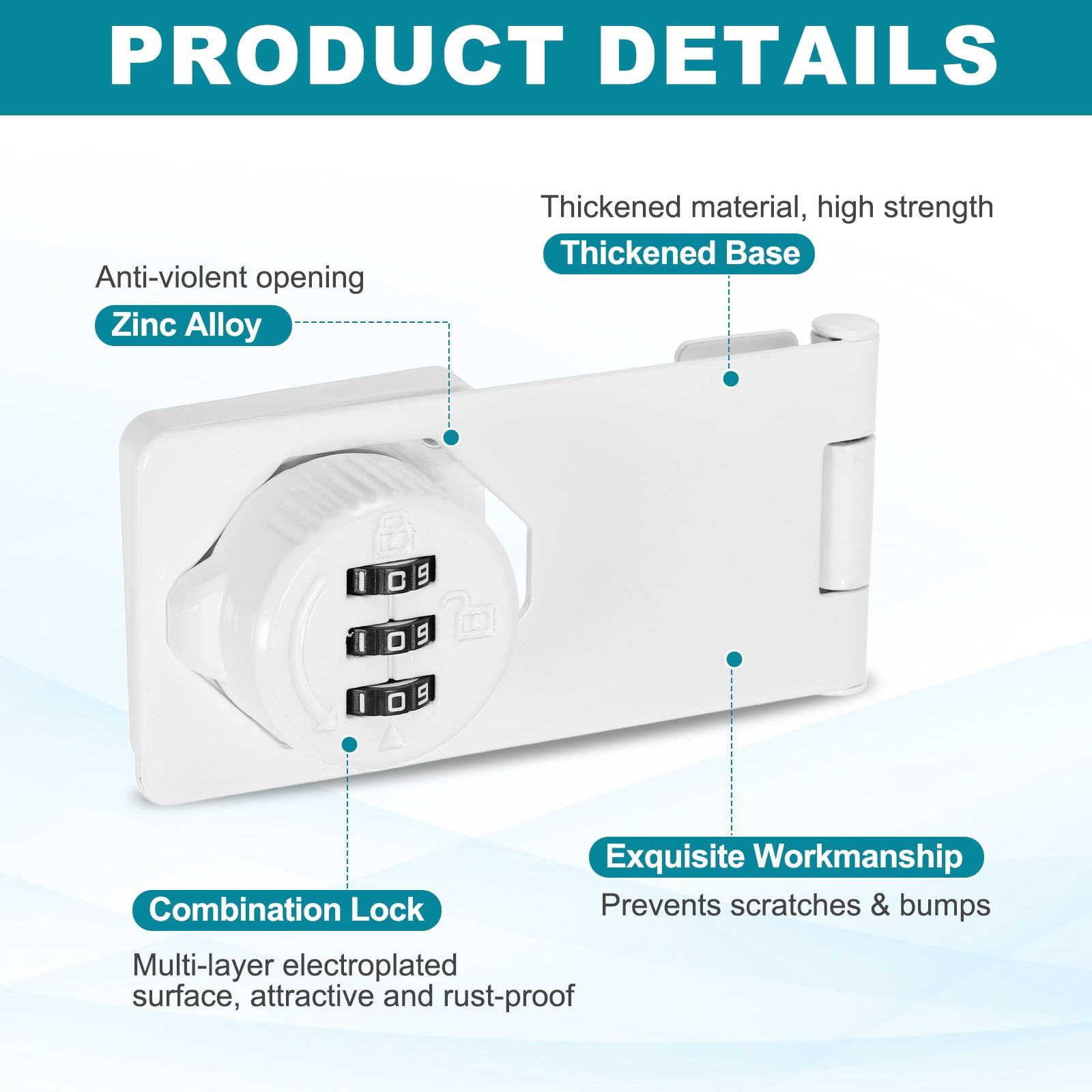 Uxcell Password Rotary Hasp Lock (4", White) (2 Pcs), Keyless 3-Digit Cabinet Locks with Combination Security Slide Latch, Suit For- Door/Closet/Barn/Bathroom/Outdoor/Garden