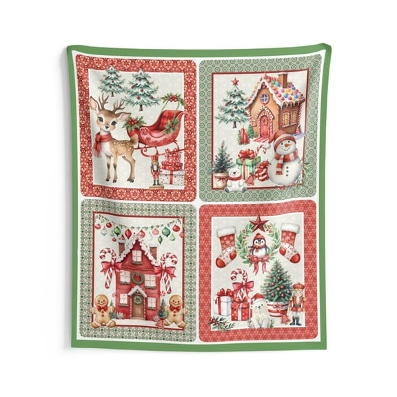 Christmas Wall Tapestry, Wall Hanging Holiday Quilt Style Panel for Home Decor with Reindeer, Snowman, Gingerbread Cookies, Festive Interior Wall Decor