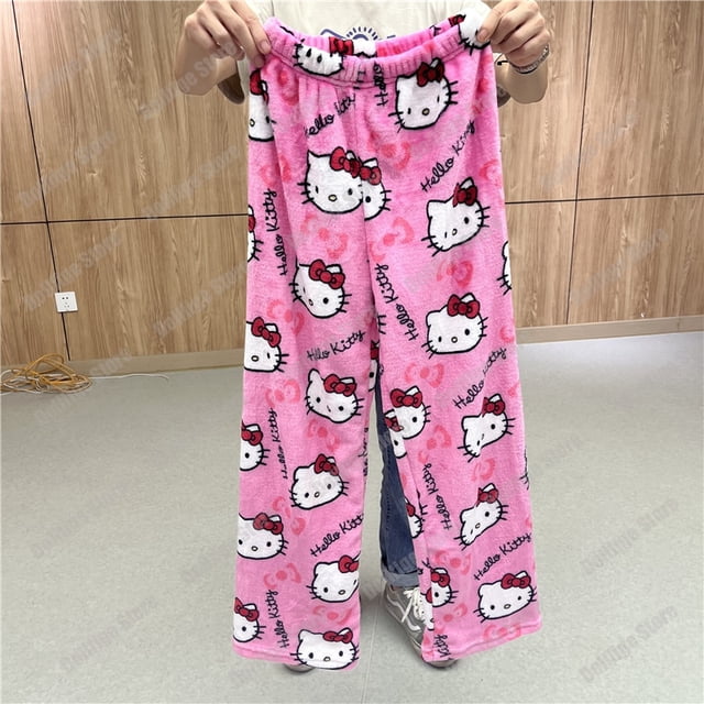 Pijama de Anime Sanrio Hello Kitty para mujer, pantalones de franela negra, Kawaii, de lana, dibujos animados blancos, informales, para el hogar, Otoño, 2023