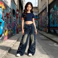 thumbnail image 2 of Glisme Little Girls Denim Pants Wide Leg Jeans With Pockets Autumn Casual Girls Baggy Trousers, 2 of 8