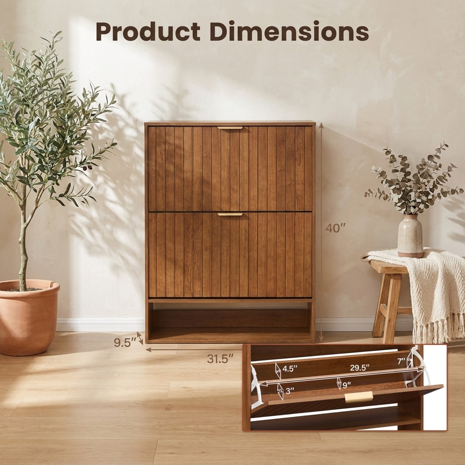 Furnibear Fluted Hidden Shoe Cabinet with 2 Flip Drawers and Open Storage for Narrow Entryway Hallway and Foyer Spaces, Walnut