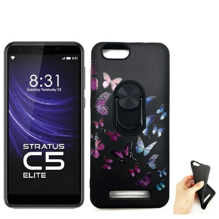 Phone Case for Cloud Mobile Stratus C5 Elite / C5 with Phone Stand ( Flexible Gel Case Butterfly +2in1 Ring )