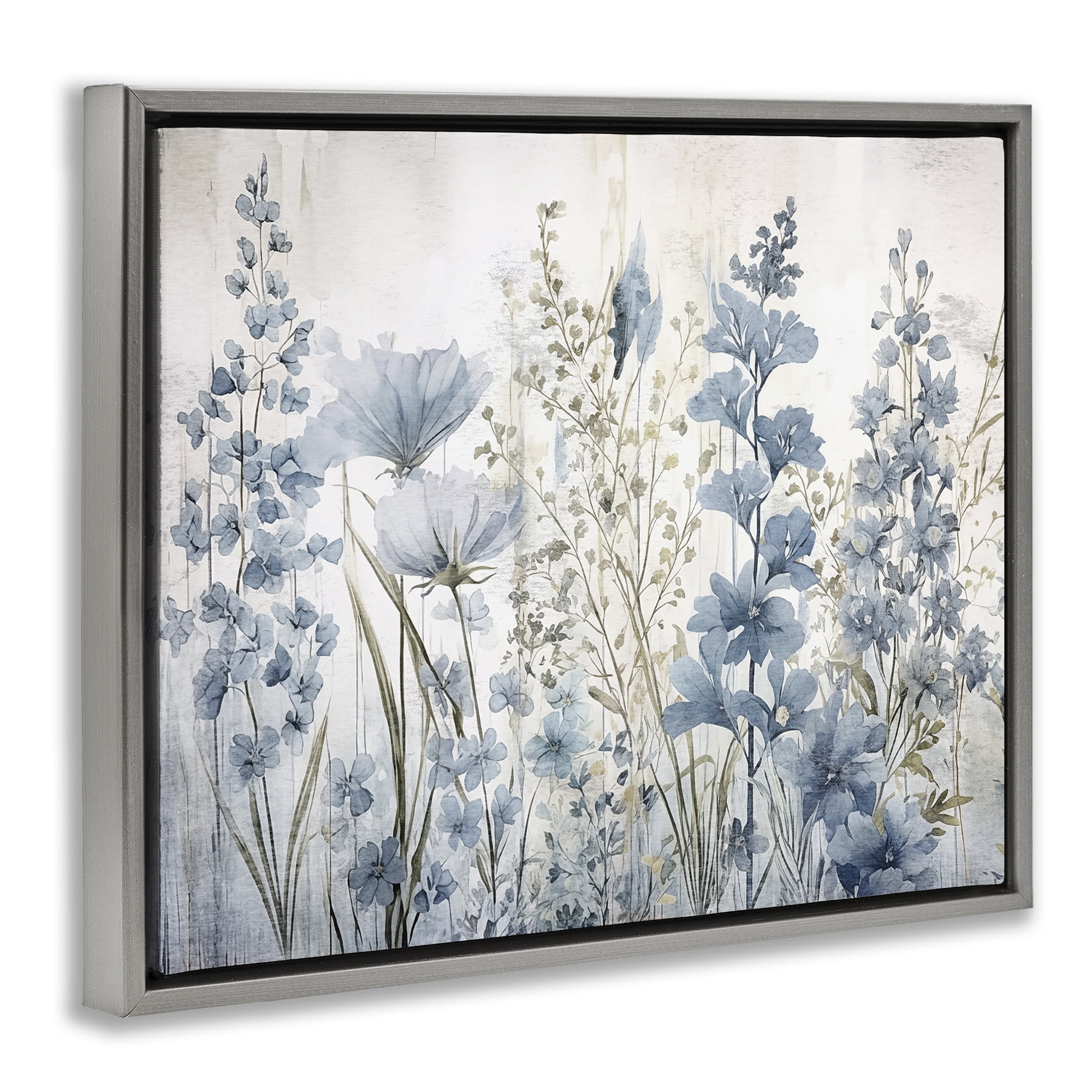 Stupell Industries Blue Nature Blooms Plants & Flowers Painting Gray Floater Framed Canvas Art Print Wall Art, 21 x 17