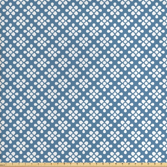 Floral Fabric by the Yard, Symmetric Repetitive Pattern with Floral Motif Illustration, Decorative Upholstery Fabric for Sofas and Home Accents, Slate Blue and White by Ambesonne