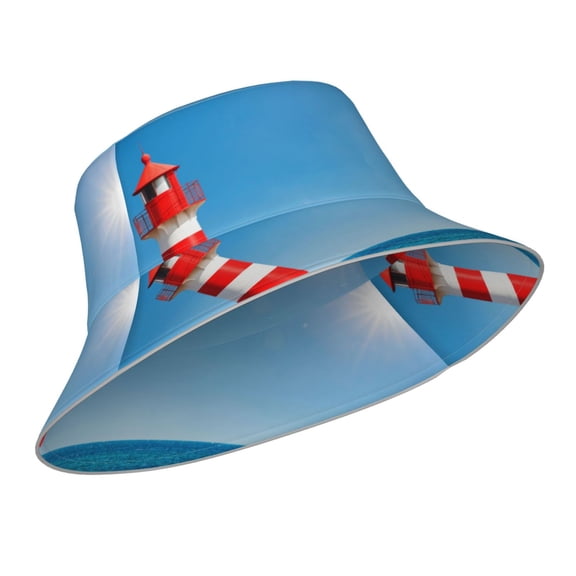 Kdxio Reflective Bucket Hat - Red And White Lighthouse Print Bucket Hat for Men,Women