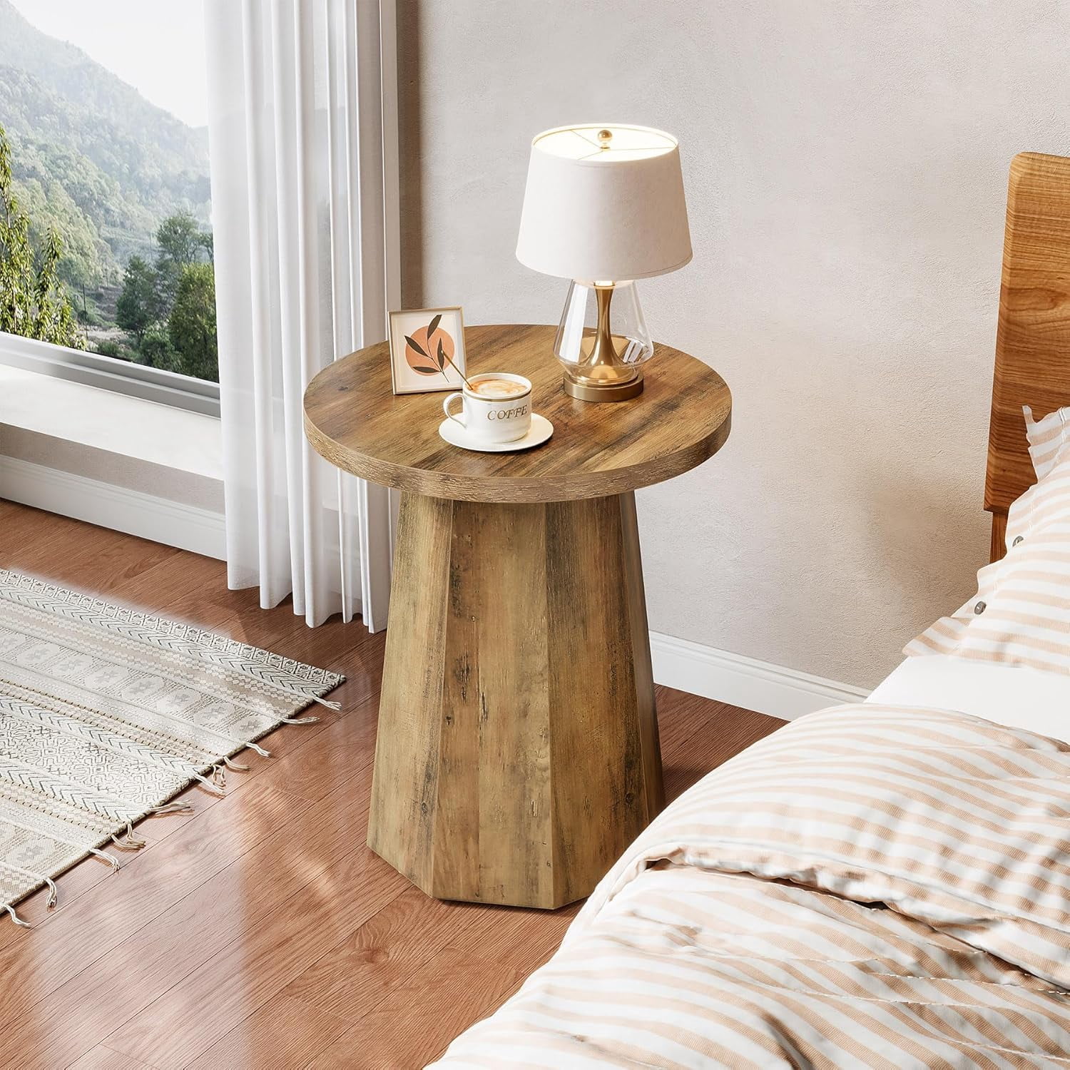 Tribesigns Farmhouse Round End Table, Wooden Couch Side Table with Octagonal Base for Living Room, Bedroom