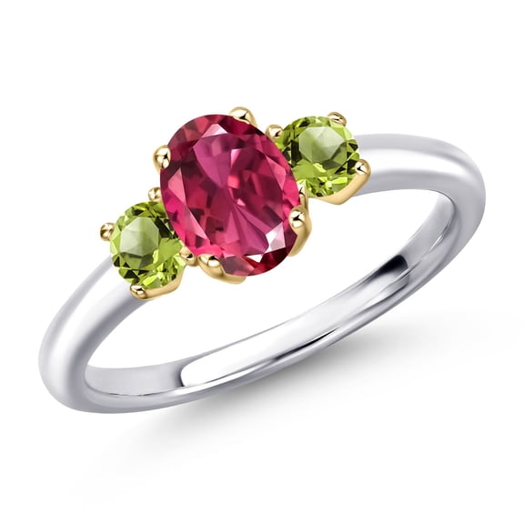 Gem Stone King 925 Silver and 10K Yellow Gold Pink Tourmaline and Green Peridot Engagement Ring for Women | 1.26 Cttw | Oval 7X5MM | Gemstone October Birthstone | Size 9