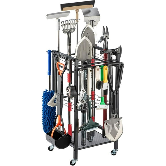 Garden Tool Organizer- 3 Tier Garage Storage and Organization, Holds Up to 35 Long-Handled Tools, Heavy-Duty Metal Holder with 6 Adjustable Hooks, Black