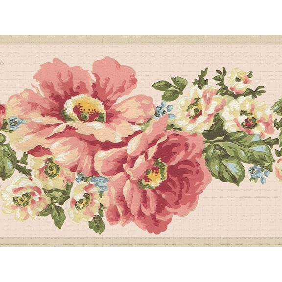Dundee Deco's Peel and Stick Wallpaper Border - Floral Pink Green Flowers on Vine Wall Border Retro Design, 15 ft x 7 in, Self Adhesive