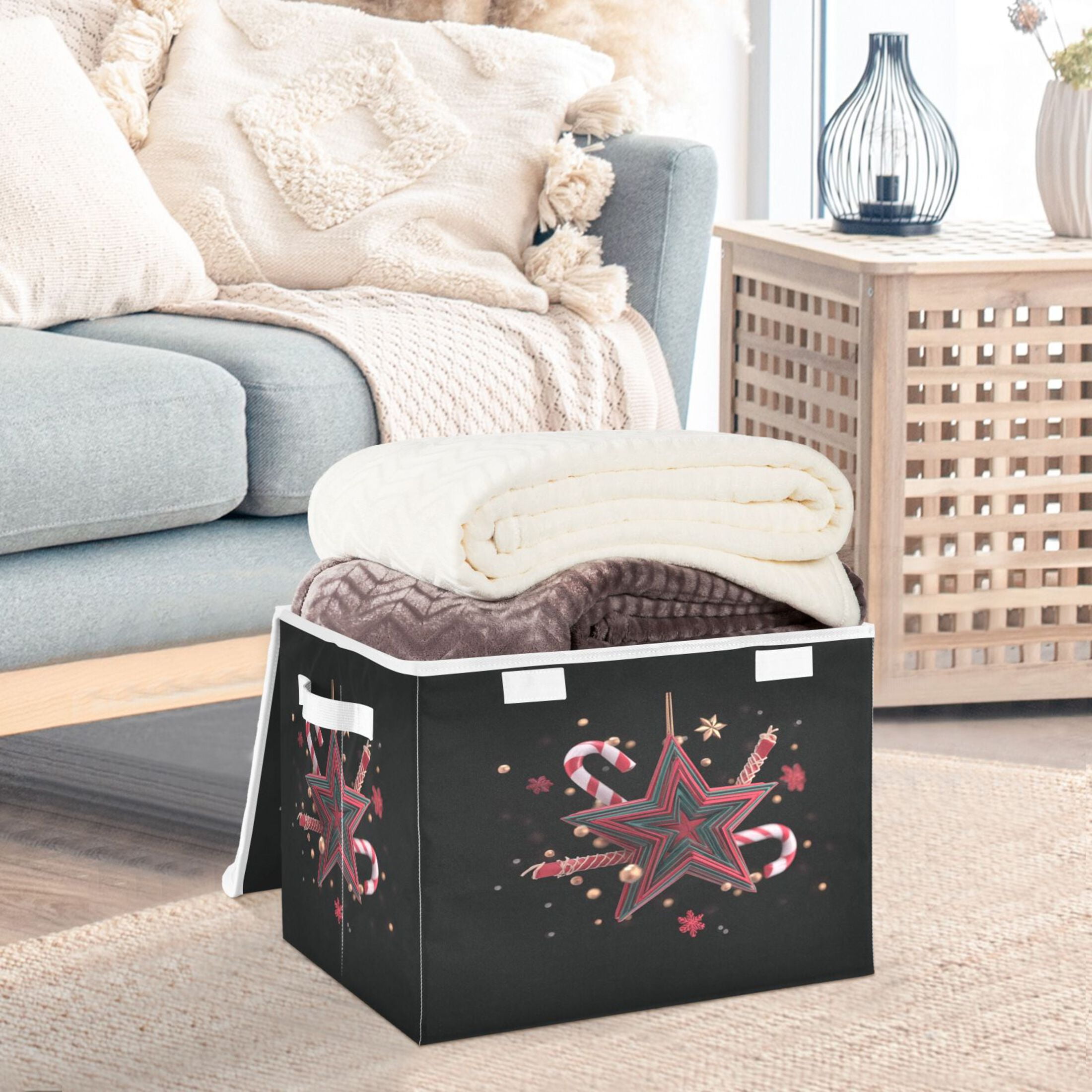 IAUYY 42*32*30cm Storage Bin with Lid Storage Boxes with Handles,300D Oxford Fabric+Hollow Board Applicable to Clothes Storage Office Storage,Black Background Lighting Effect