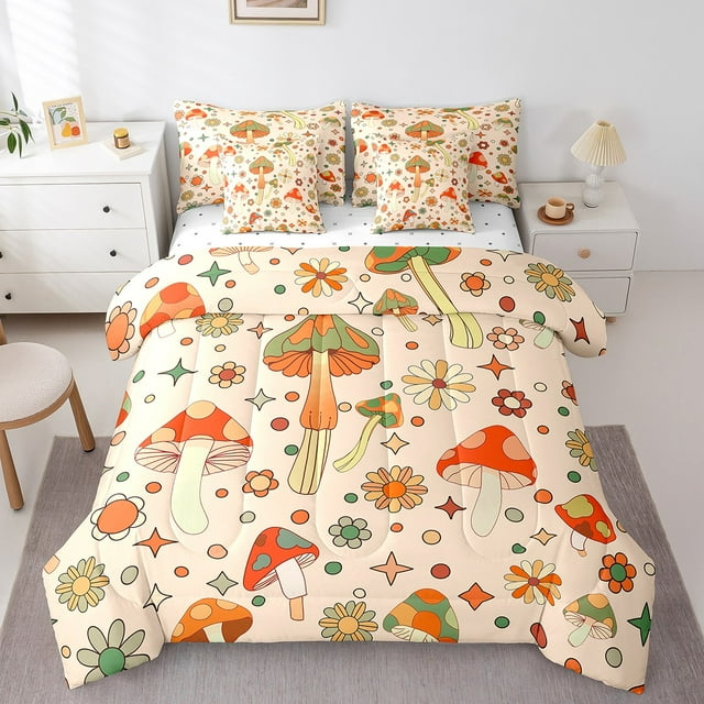 YST Ensemble de Literie Rétro 60s 70s Groovy Flower pour Lit Simple, Ensemble de Literie Cartoon Mushroom, Funky 1960 1970 Floral Bed in A Bag, Ensembles de Lit Réversibles avec Ensemble de Draps, Jolies Oeuvres de Plantes Campagnardes