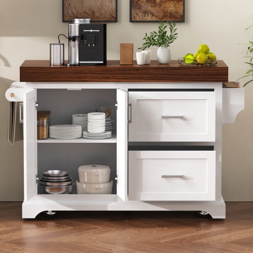 53" Large Kitchen Island with 3.5" Thick Desktop, Rolling Kitchen Cart with 5 Wheels, 2 Extra-Large Drawers & Cabinet, Spice Rack, Towel Rack, for Home, Kitchen, Dining Room, White