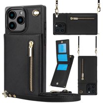 Dteck for iPhone 16 Case, Shockproof Magnetic Protective Zipper Pocket Purse Handbag Shoulder Strap Stylish Protective Cover, Black