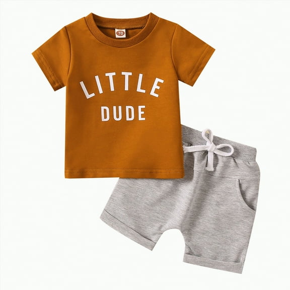 TOWED22 Toddler Baby Boy Summer Outfit Short Sleeve T-Shirt Tops Elastic Drawstring Shorts Set Baby Boys Clothes(Coffee,2-3 Years)