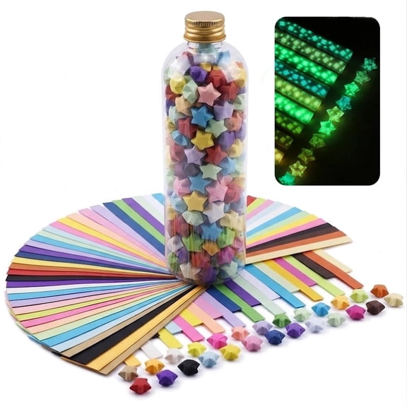 1560 Sheets Origami Star Paper Strips, 1350 Multicolor & 210 Glow in the Dark Lucky Star Paper, 9.5 x 0.4 Inch Double-Sided Paper Strips for DIY Crafts, with Star Bottle