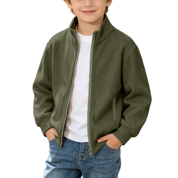 Lastesso Sweatshirt for Boys Corduroy Full Zip Stand Collar Sweatshirt Jacket Roomy Fit Plain Basic Coat with Pocket Army Green Size 4