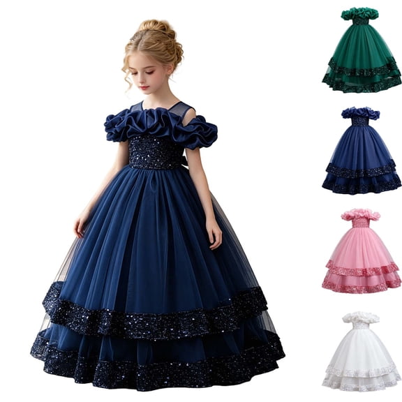HJYCHN Girls' Dresses off Shoulder Long Layered Tutu Gown with Ruffled Neckline for Toddler Dress 11-12 Years