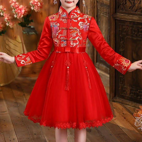 NOKIO Children'S Hanfu Dress For Lunar New Year Girls' Embroidered Chinese Dress Baby Girls Kid Chinese New Year Tang Suit Dresses Toddler Overall Dress Suit