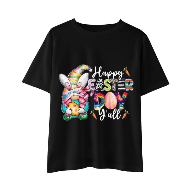 Gibobby Camisas De Vestir Camisetas con estampado de letras del día de Pascua para niños y niñas, camiseta de manga corta con conejito, camisetas para niñas y niños(Azul marino, 10-12 Años)