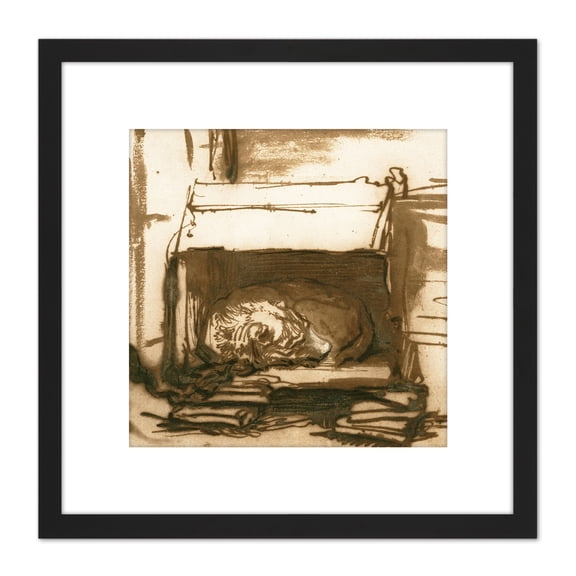 Rembrandt Sleeping Watchdog Painting 8X8 Inch Square Wooden Framed Wall Art Print Picture with Mount