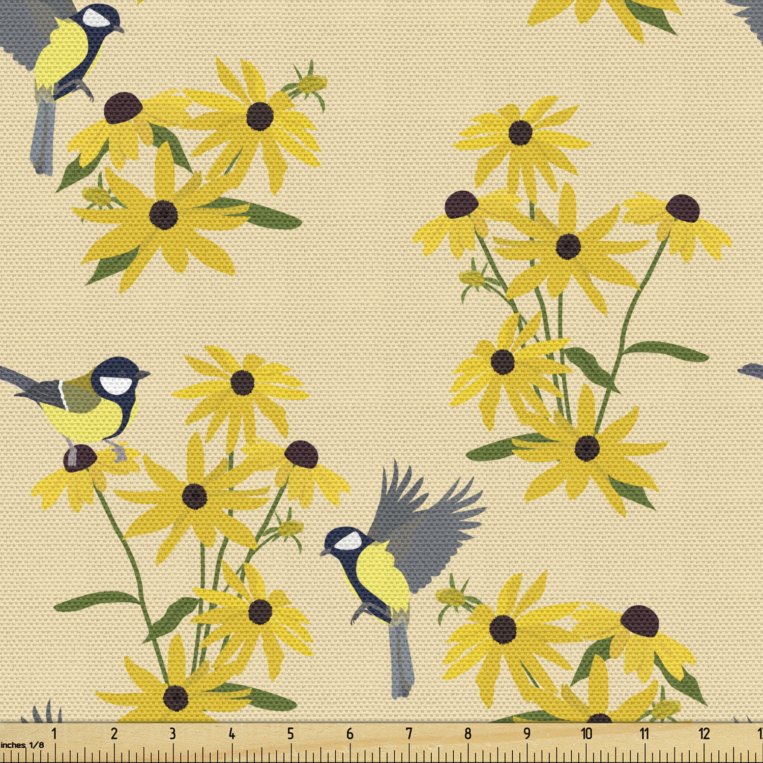 60" by 33" Nature scene flowers birds fleece fabric with green background 