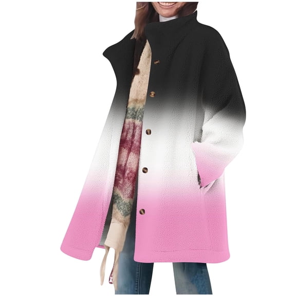 XPMWRP Women's Plus Size Gradient Color Fleece Jacket Long Sleeve Button Down Casual Coats Lapel Collar Winter Loose Jacket with Pockets Black L