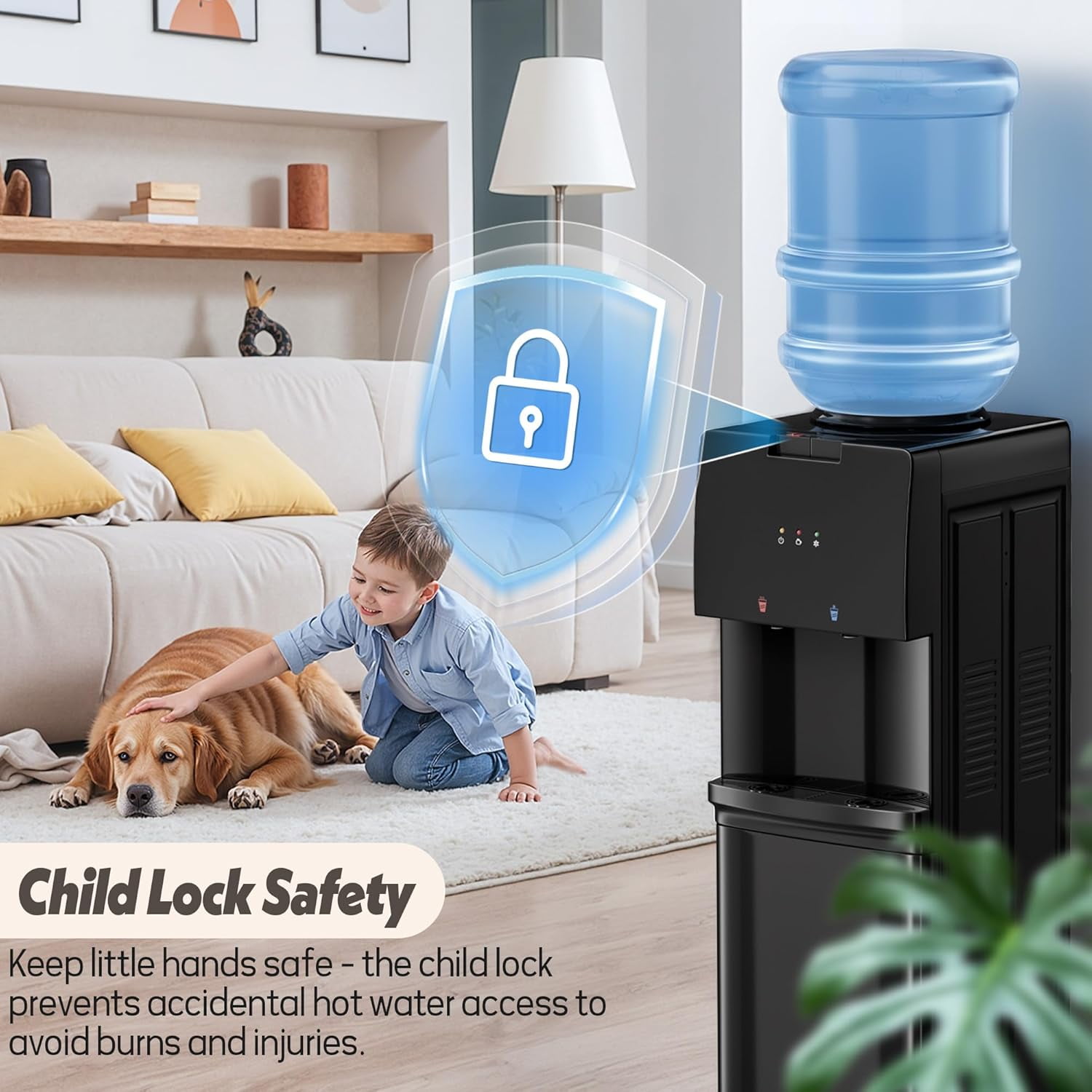 UrbanSync Water Dispenser for 3 or 5 Gallon Bottles, Top Loading Water Cooler with Hot & Cold Water, Child Safety Lock, Ideal for Kitchens, Offices, Black
