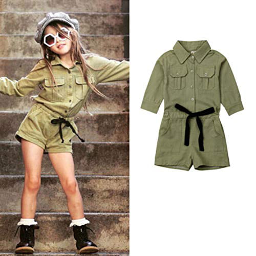 Styles I Love Kids Girl Olive Green Long Sleeve Denim Drawstring Jumpsuit Spring Summer Casual Outfit