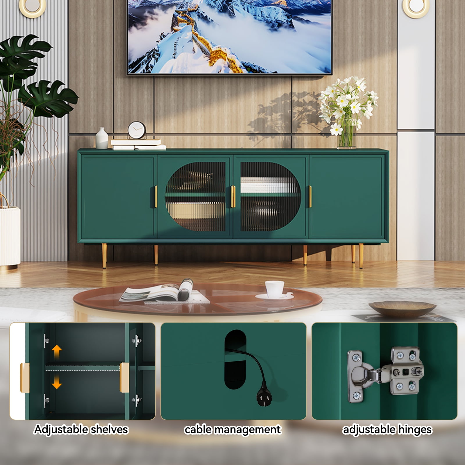 CBJCBJ 66" TV up to 75" Stand for Living Room, Entertainment Center with Glass Storage Cabinet,Green
