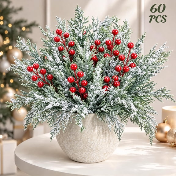 Leyaron Christmas Greenery Decorations, 60 Pcs Christmas Picks Snow Pine Branches with Red Berries Artificial Stems for Indoor Outdoor DIY Craft Home Xmas Decor